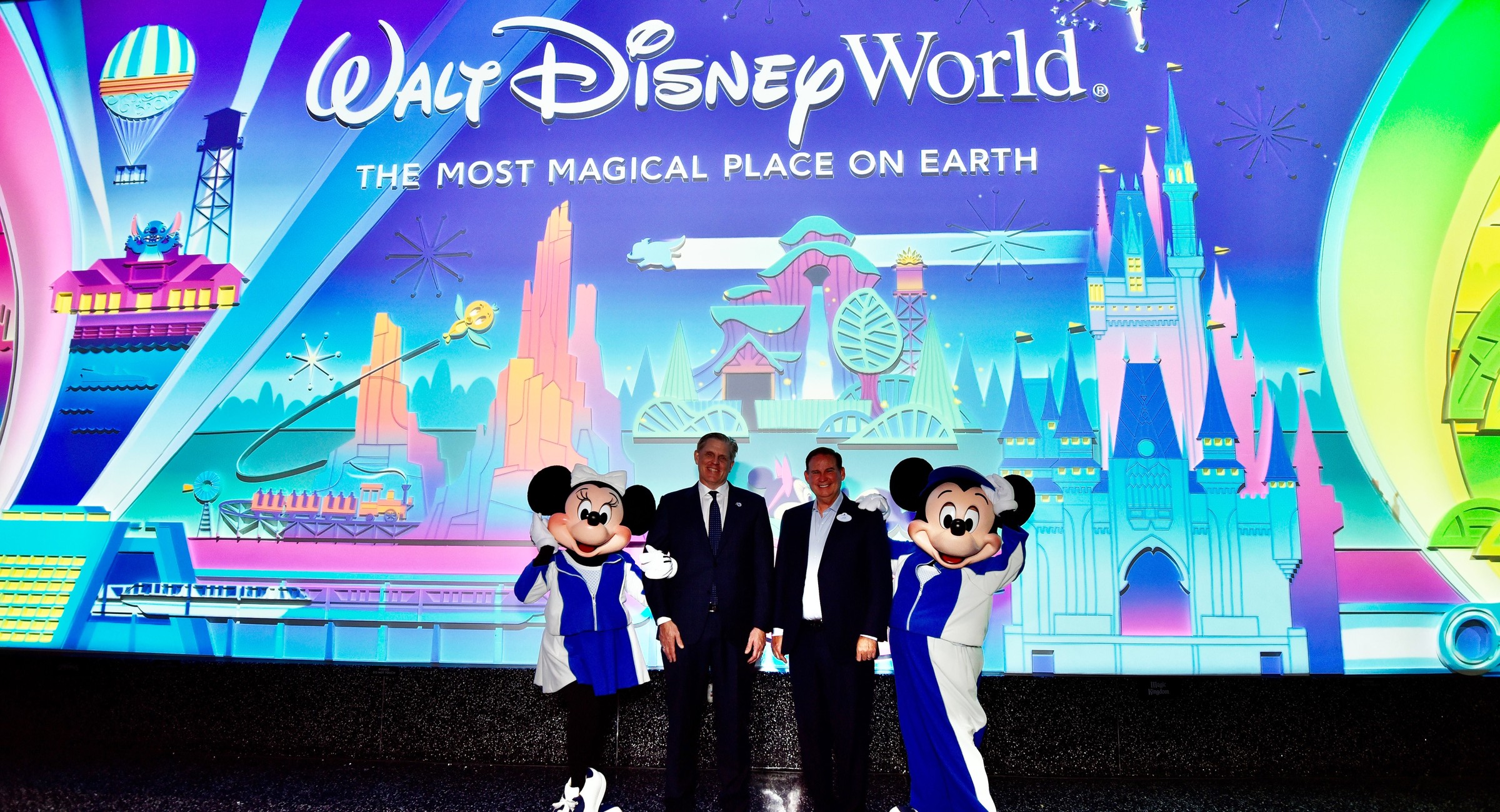 Mickey Mouse, Minnie Mouse and representatives inside the redesigned Walt Disney World Atrium at Kia Center