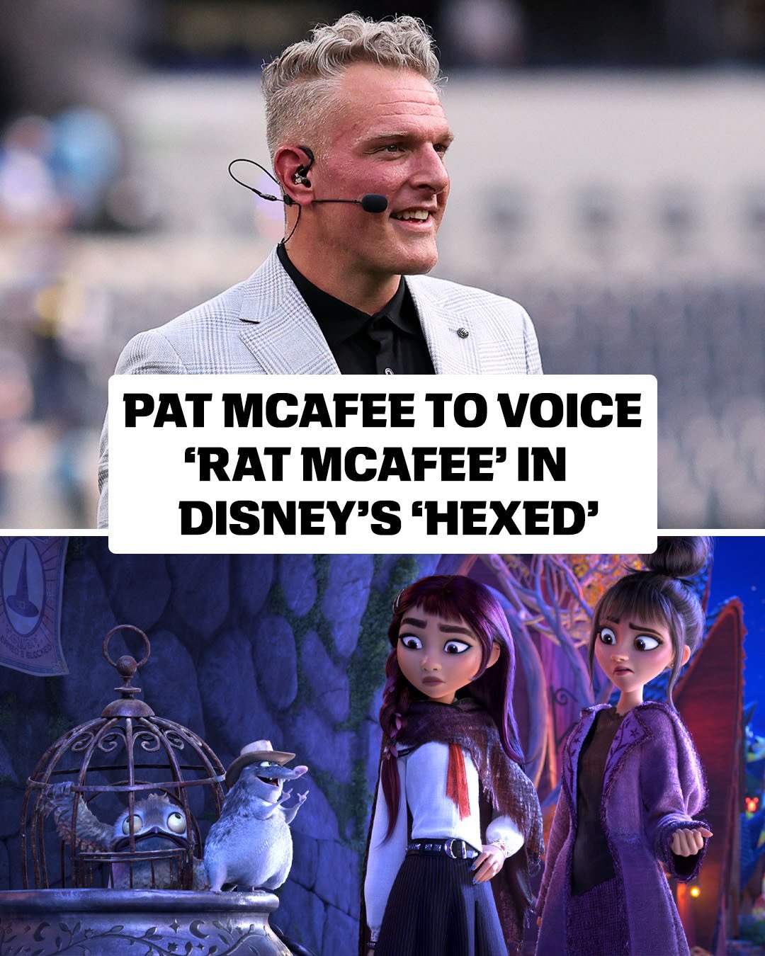 Pat McAfee above Rat McAfee and two Hexed characters in the official casting announcement