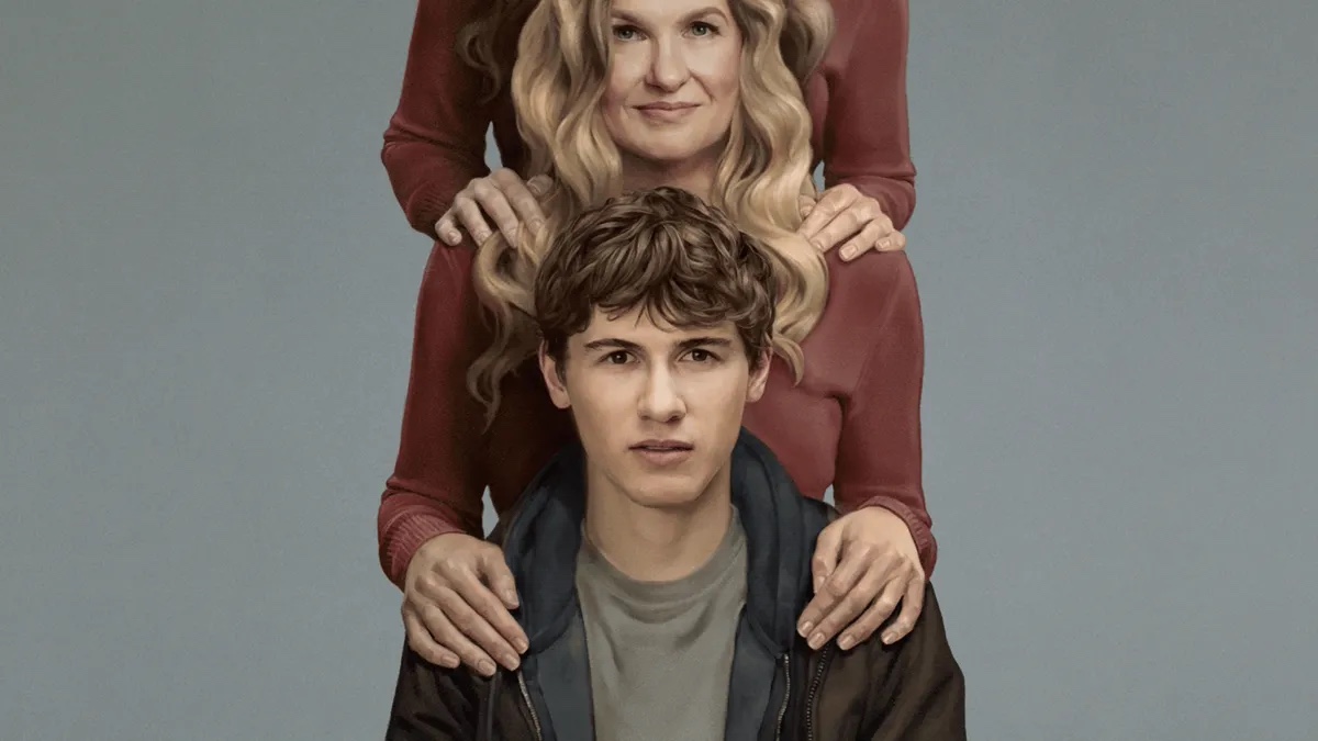 Sam Nivola sits in front of Connie Britton in the official key art for Phony