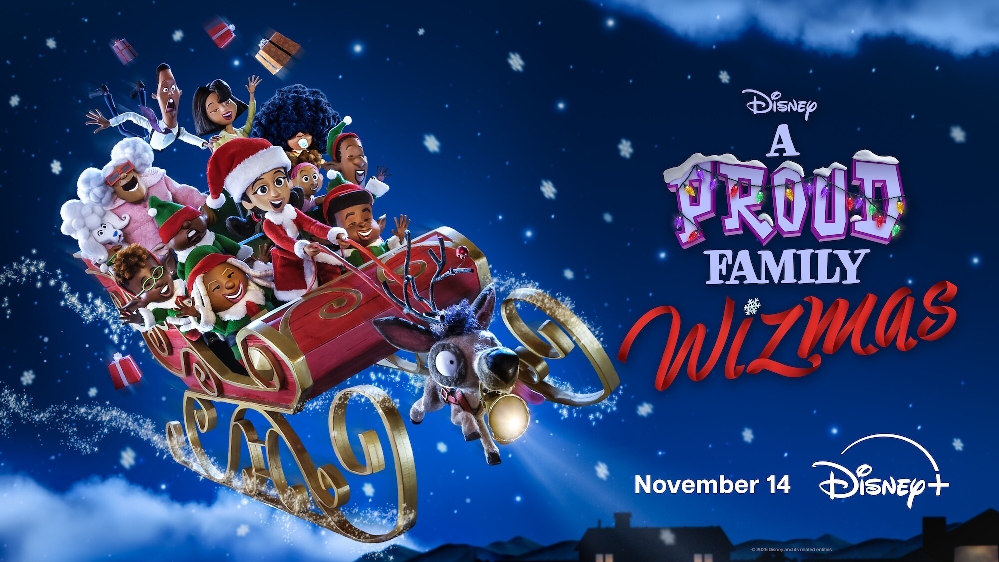 The Proud family rides in Santa’s sleigh beside the A Proud Family Wizmas title and November 14 date