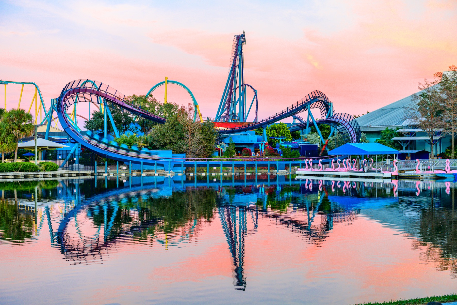 Mako roller coaster track at SeaWorld Orlando during sunset