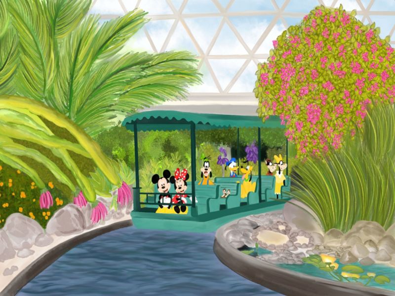 Allison Rook artwork showing Disney characters aboard a boat in Living with the Land