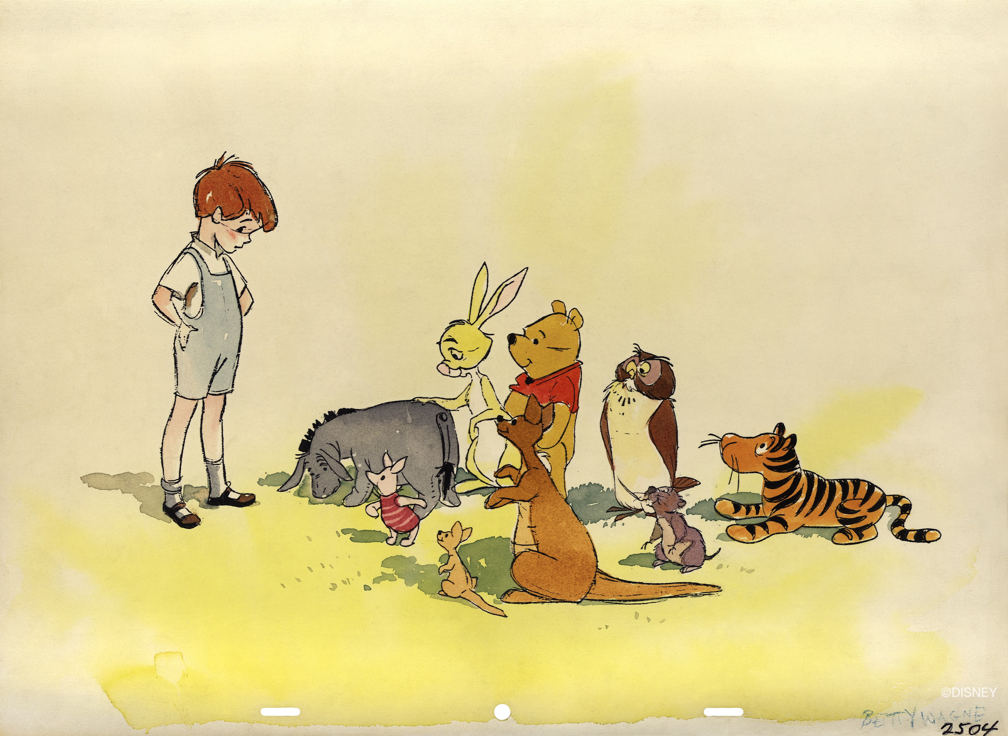 Christopher Robin stands with Winnie the Pooh and friends in an illustration shared by Disney and the Walt Disney Archives