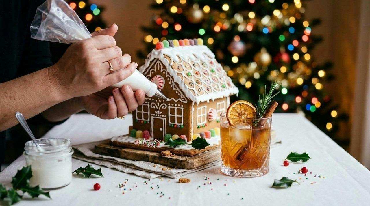 A gingerbread house and holiday cocktail sit on a table as icing is added to the roof