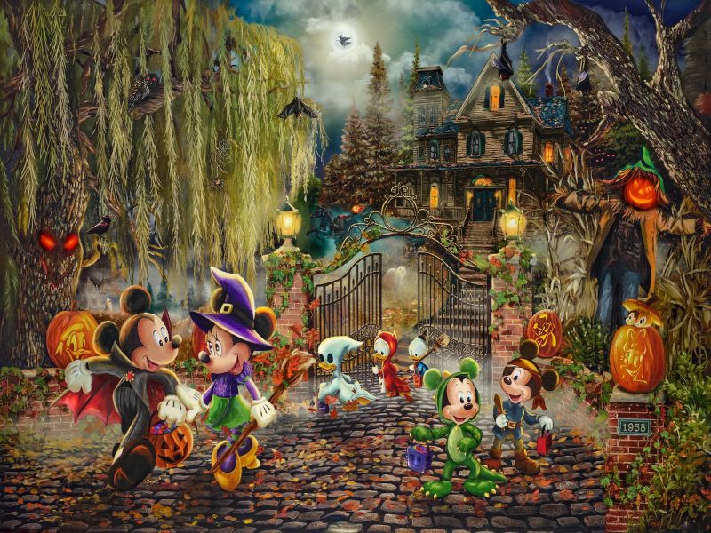 Jenna McMullins artwork showing Mickey Mouse and friends in Halloween costumes outside a haunted house