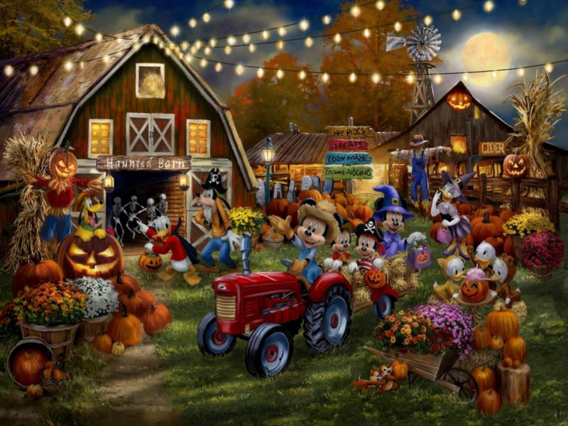 Johanna Elizabeth artwork showing Mickey Mouse and friends celebrating Halloween on a farm