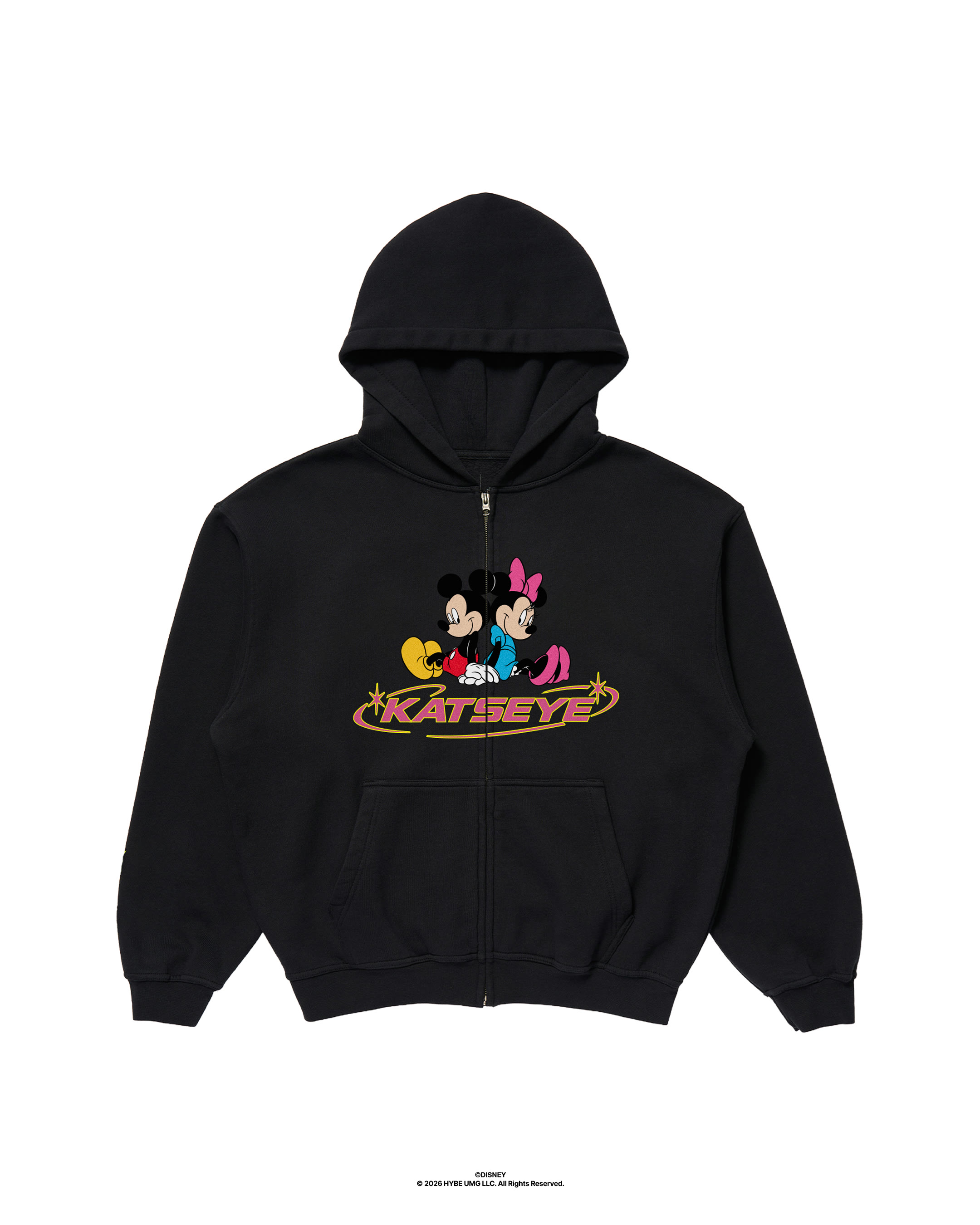 Black KATSEYE zip hoodie with Mickey and Minnie artwork