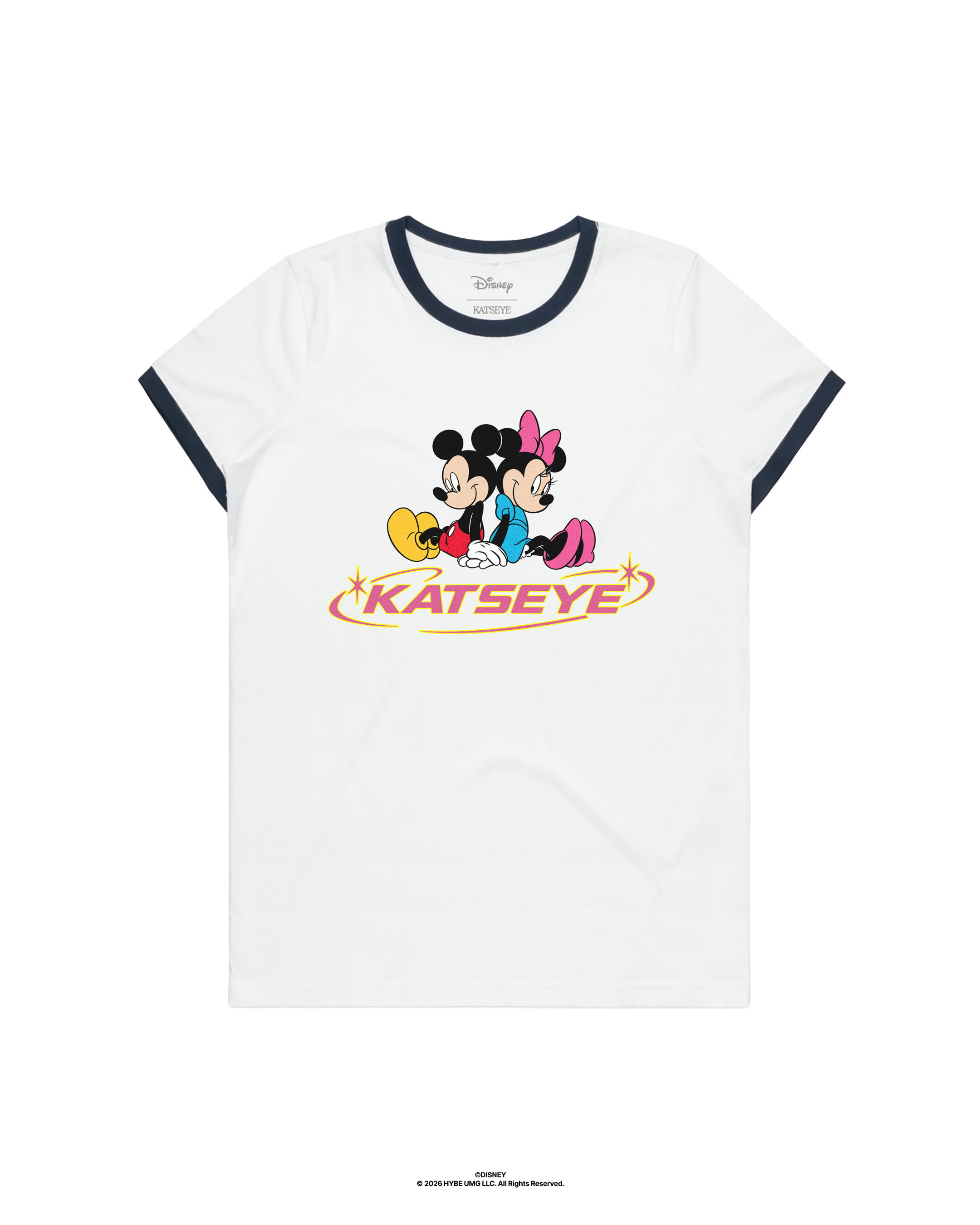 White and navy KATSEYE ringer tee with Mickey and Minnie artwork