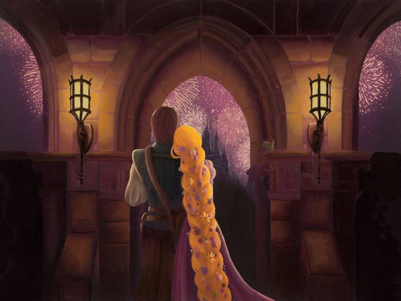 Kyree Tilsher artwork showing Rapunzel and Flynn watching fireworks over a castle