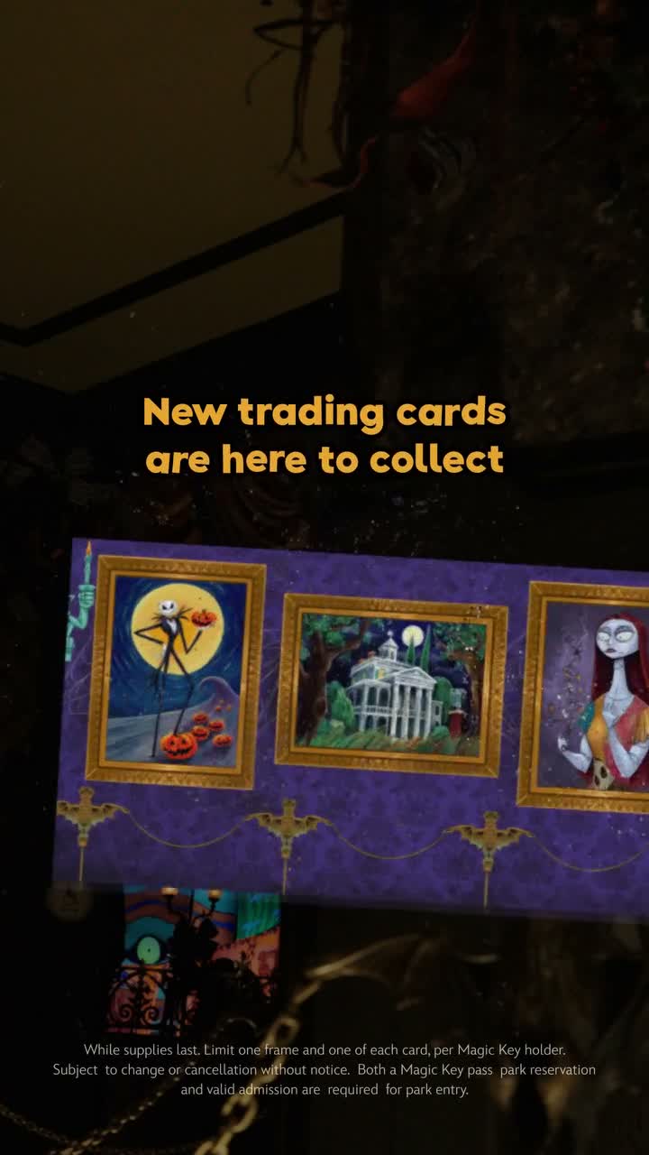 Three Haunted Mansion Holiday collectible cards displayed in ornate gold frames