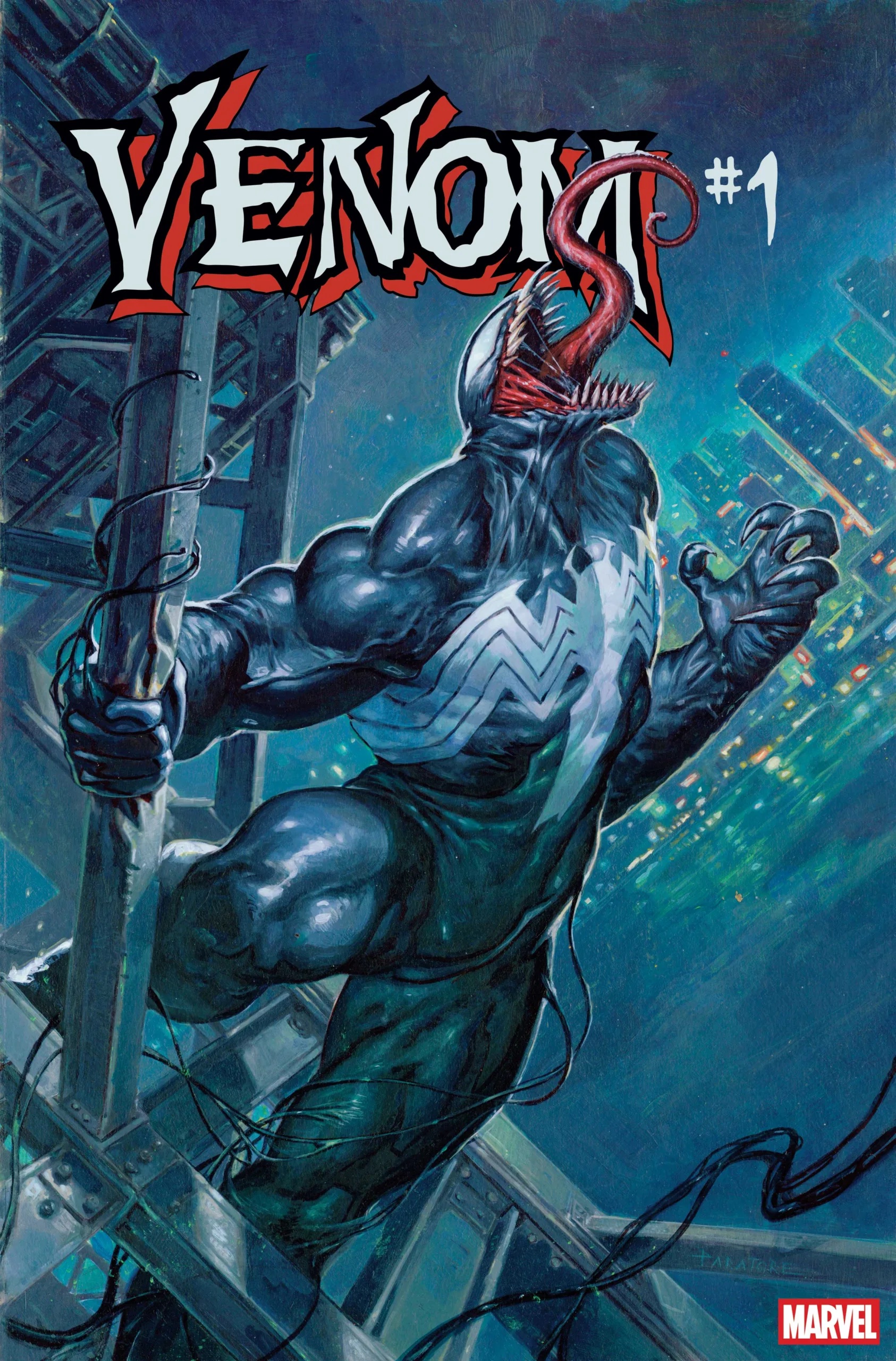Venom #1 cover showing Venom swinging through a city at night