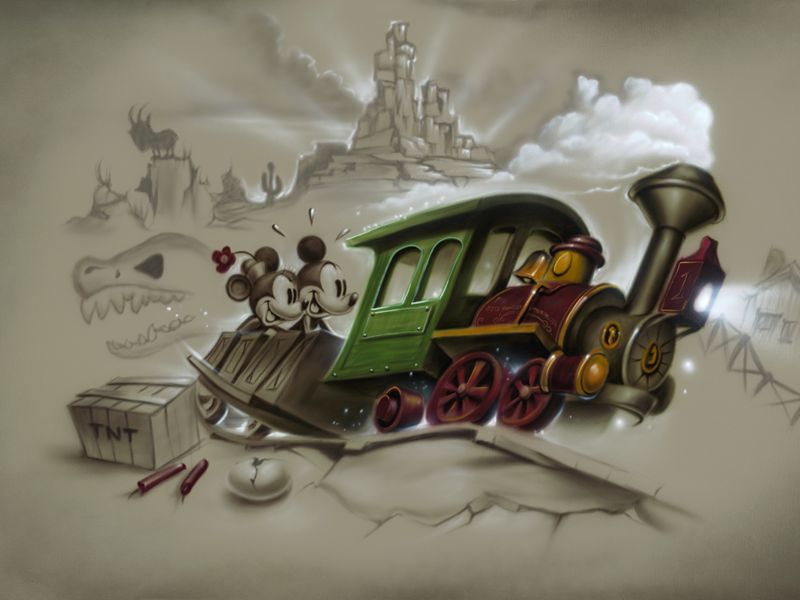 Noah Elias artwork showing Mickey Mouse and Minnie Mouse riding a train