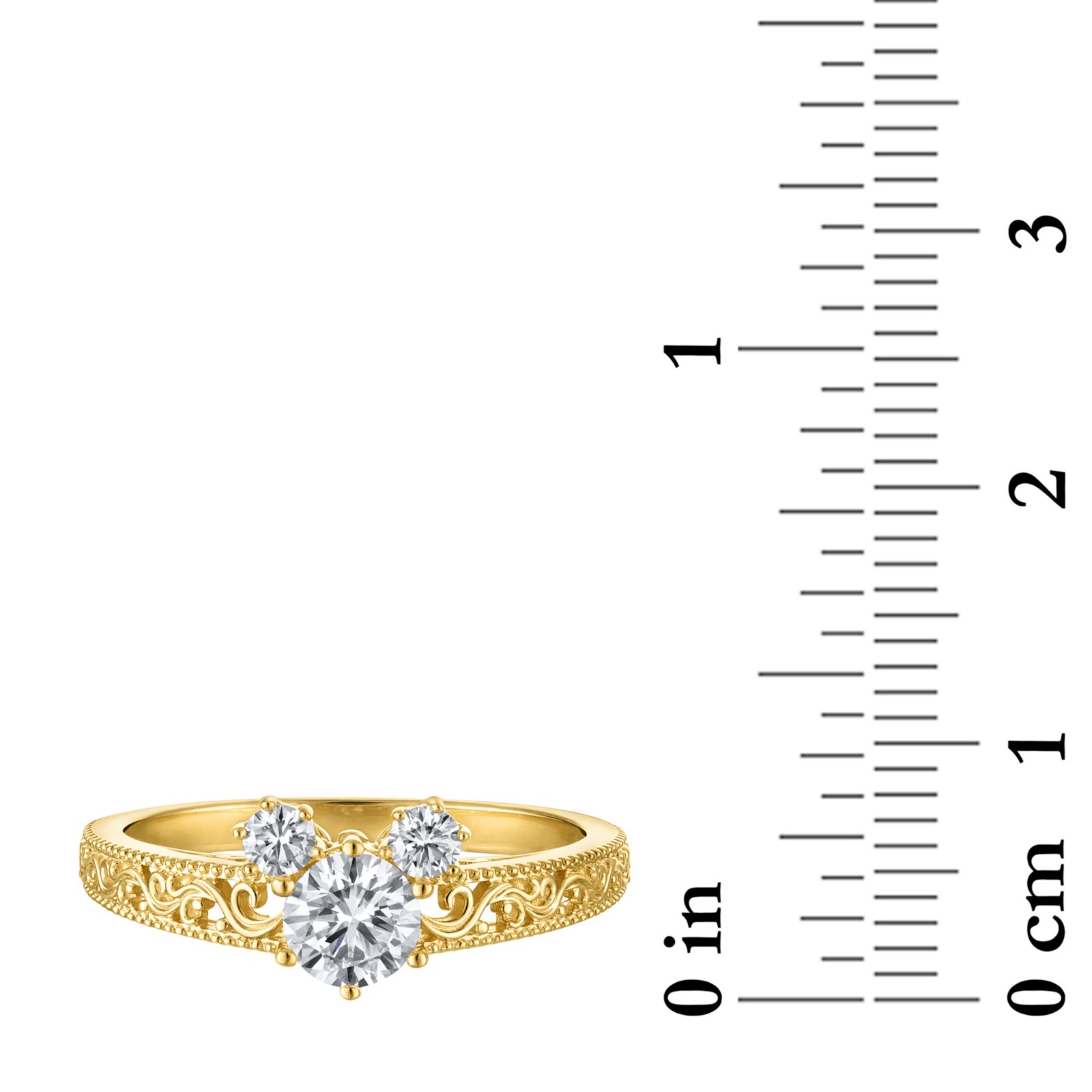 Rebecca Hook Mickey Mouse yellow-gold diamond filigree ring beside inch and centimeter scales