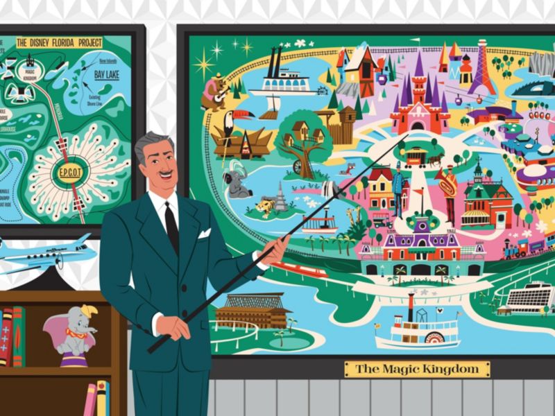 Scott “Scooter” Burroughs artwork showing Walt Disney pointing at a stylized Magic Kingdom map