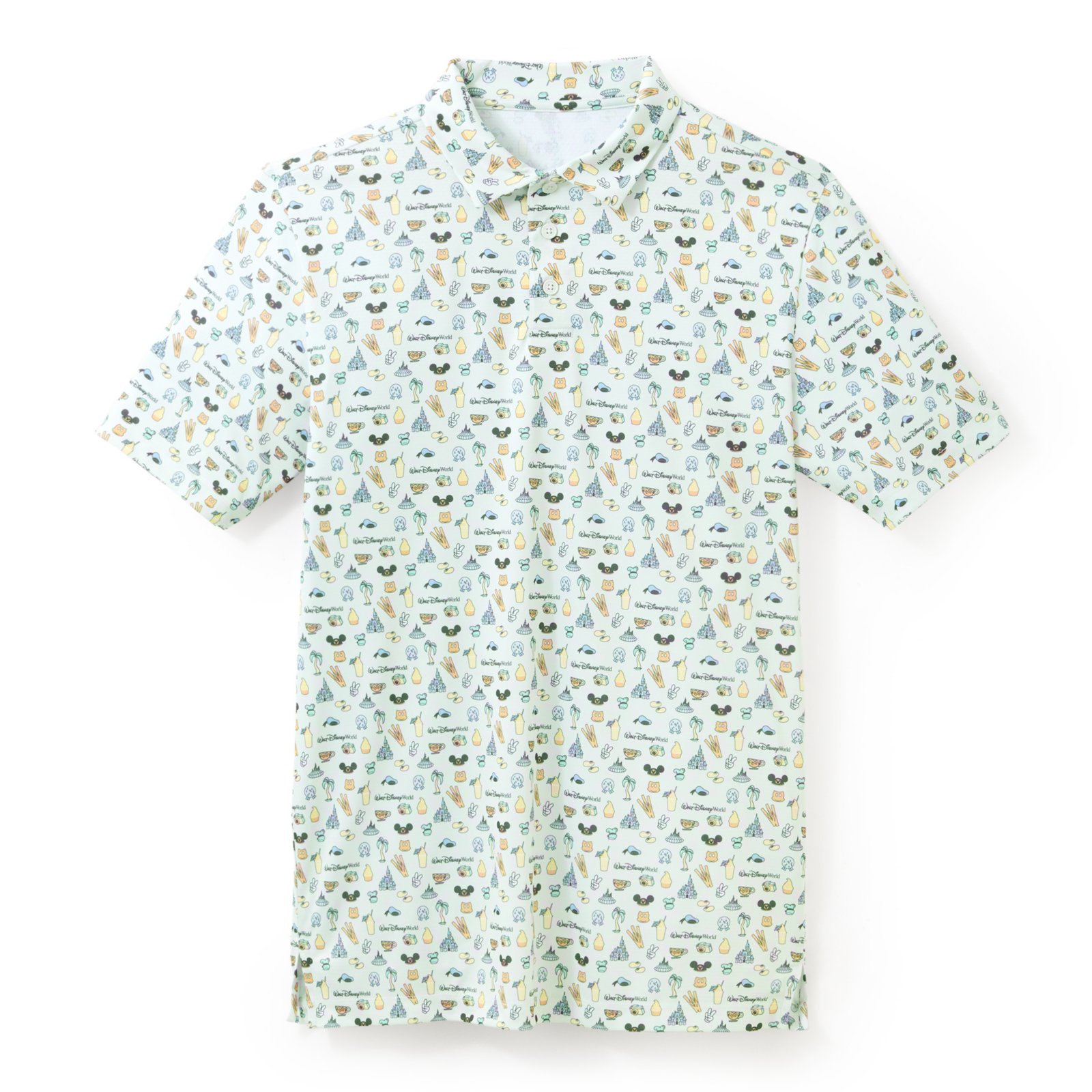 Pale mint Walt Disney World polo with an allover print of park icons and snacks
