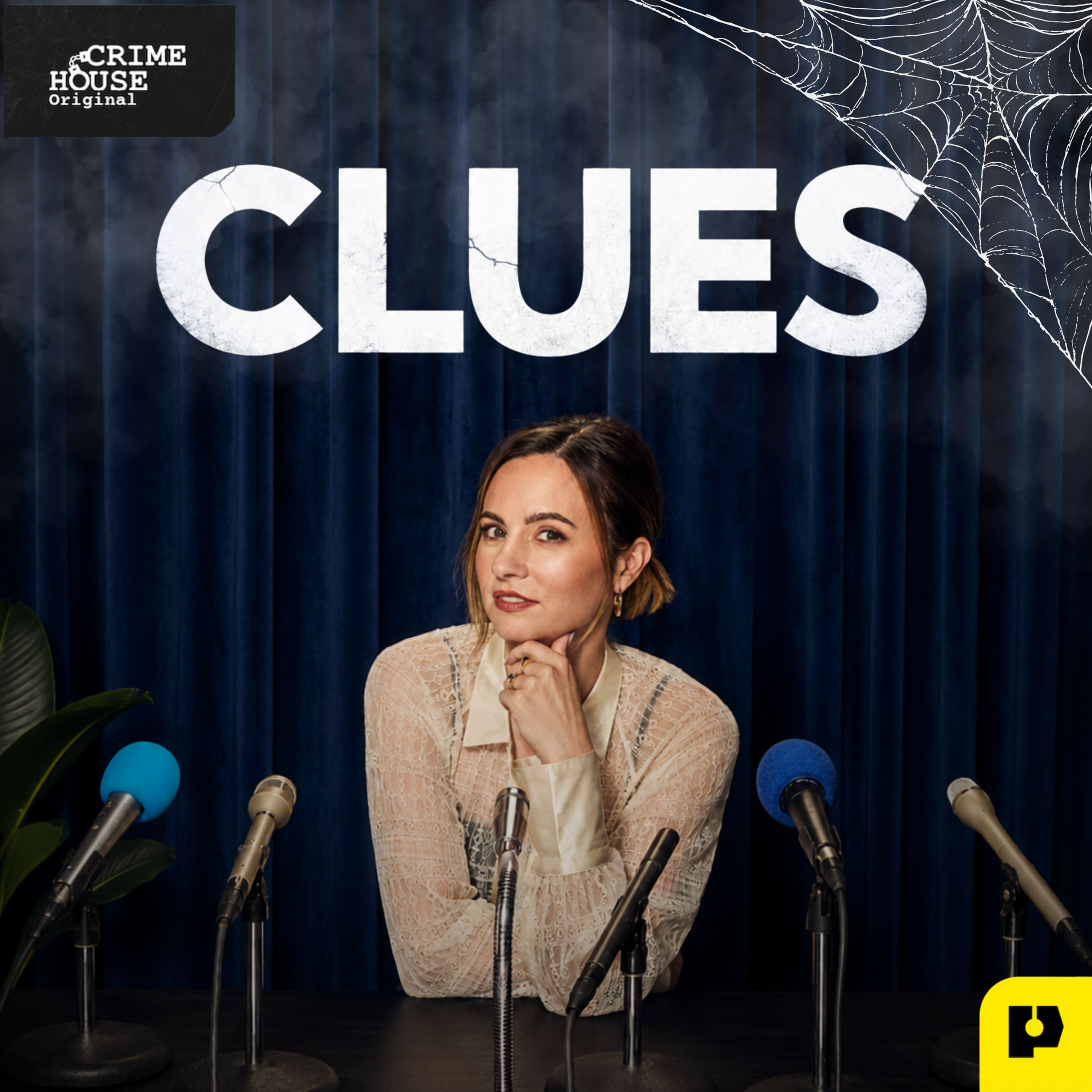 Official Clues podcast artwork with the title above a host seated at a microphone