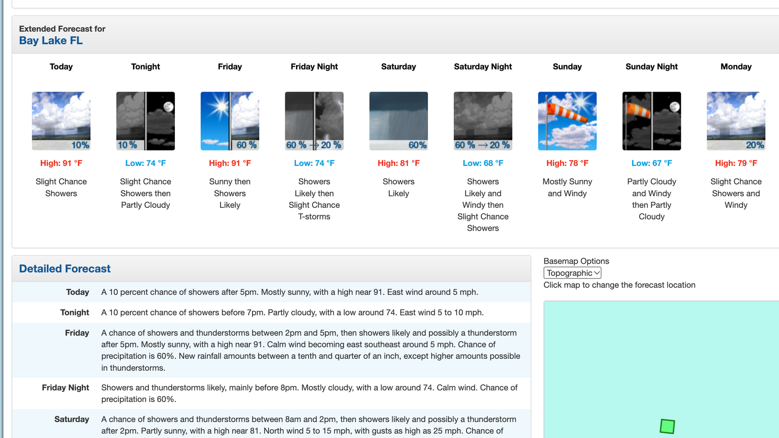 National Weather Service forecast for Bay Lake showing rain Saturday and windy weather Sunday