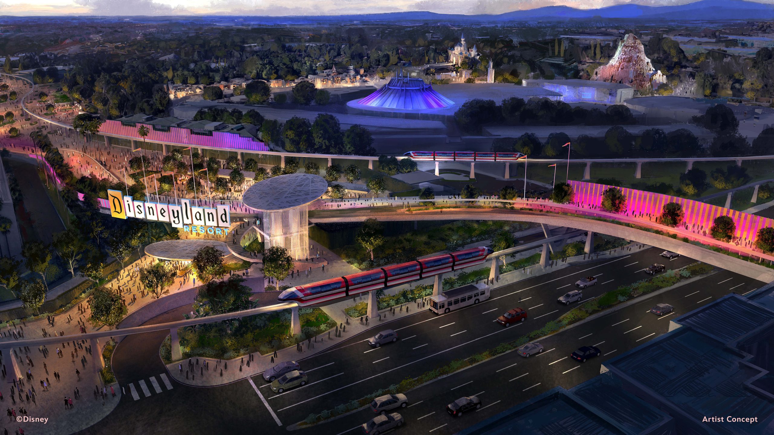 Disney artist concept of the planned Disneyland Resort transportation hub and Harbor Boulevard pedestrian bridge