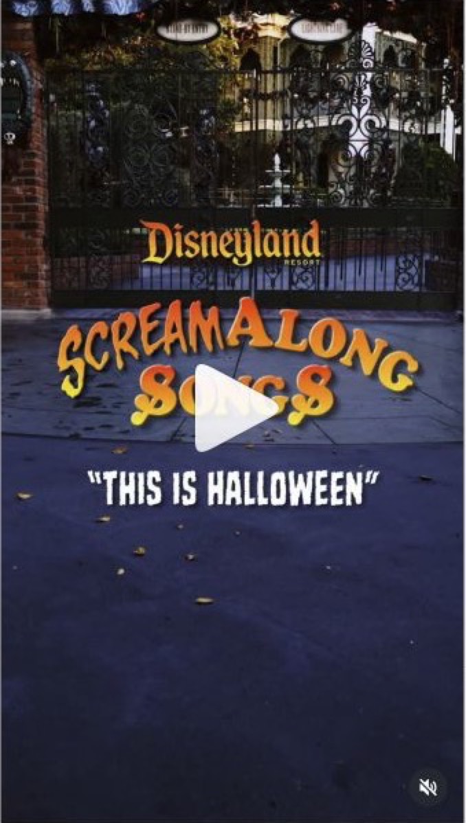 The Haunted Mansion Holiday gate behind a This Is Halloween singalong title card
