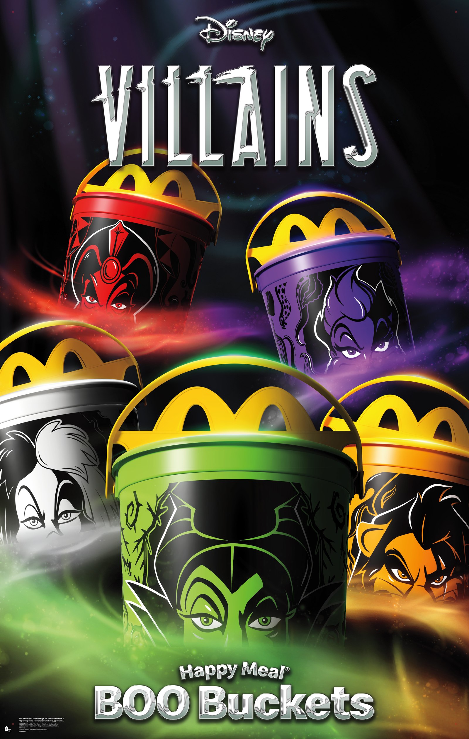 Five Disney Villains Boo Buckets featuring Jafar, Ursula, Cruella, Maleficent and Scar