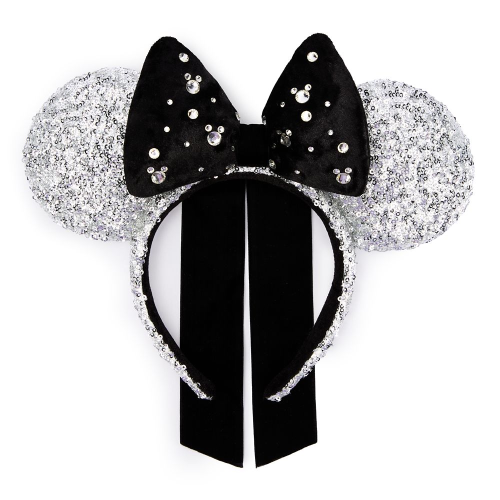 Silver sequined Minnie Mouse ear headband with a black velvet bow, crystal mouse icons and long black ribbons