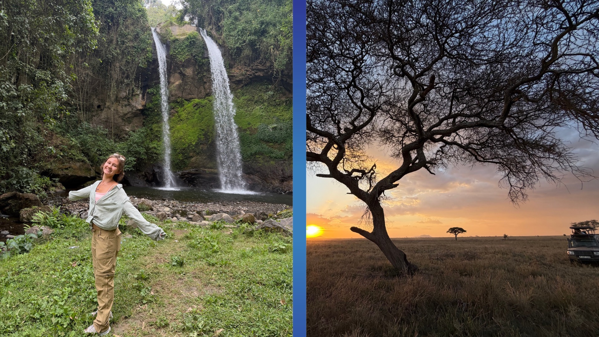 Alexandra beside a waterfall and an African savanna at sunset during her Make-A-Wish safari
