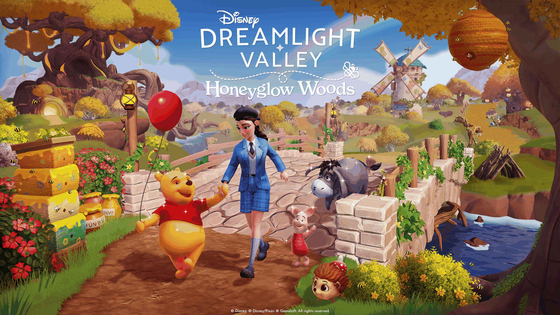 Pooh, Piglet and Eeyore walk with a player character through Honeyglow Woods in Disney Dreamlight Valley