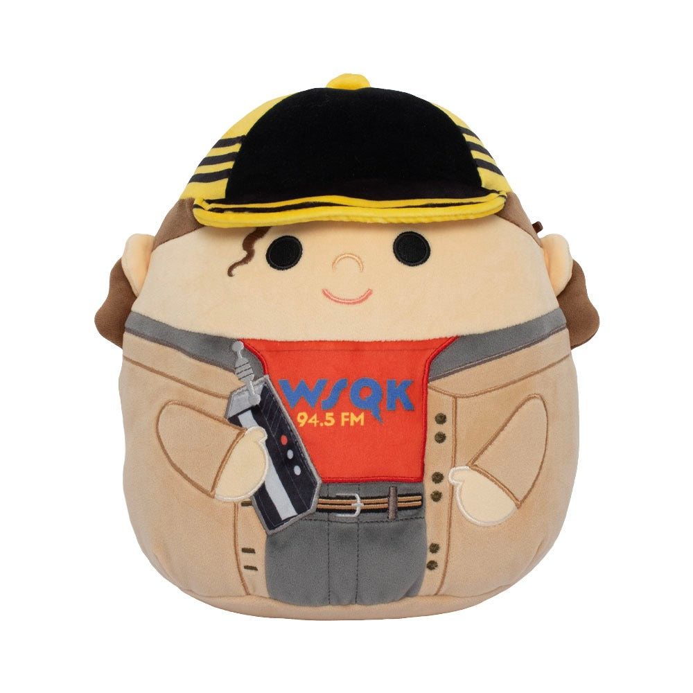 Dustin Squishmallow plush wearing a black-and-yellow cap, tan vest and orange WSQK shirt