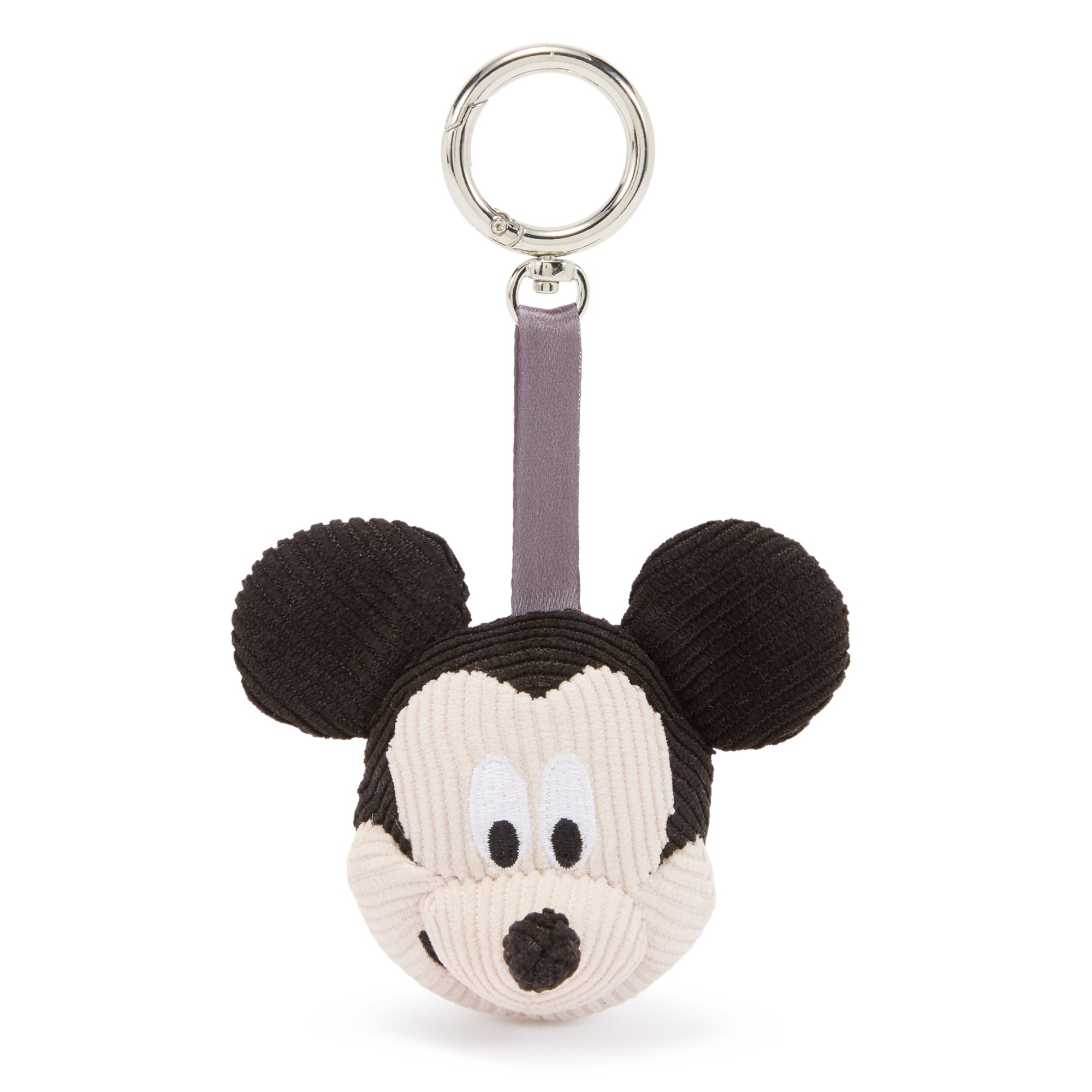 Mickey Mouse corduroy plush bag charm with a satin ribbon and silvertone spring-ring clasp