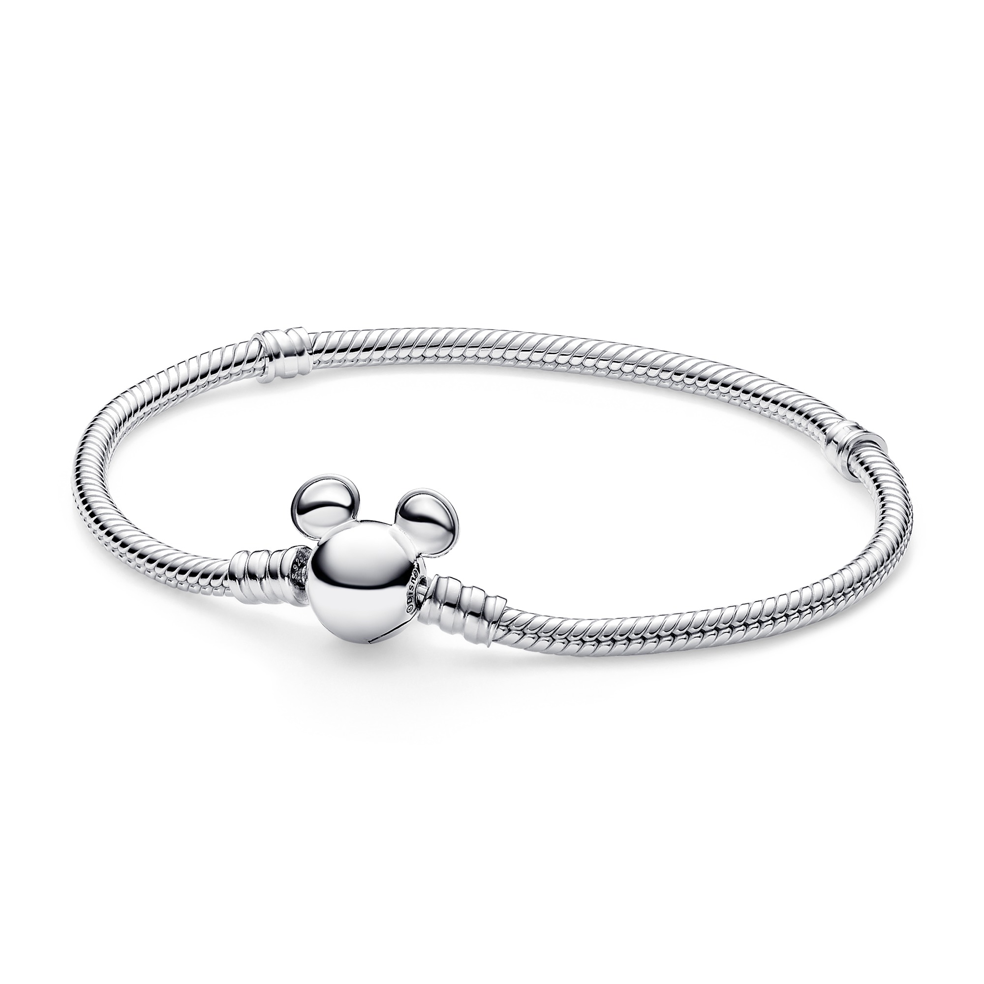 Sterling-silver Mickey Mouse Pandora snake-chain bracelet with a Mickey icon clasp