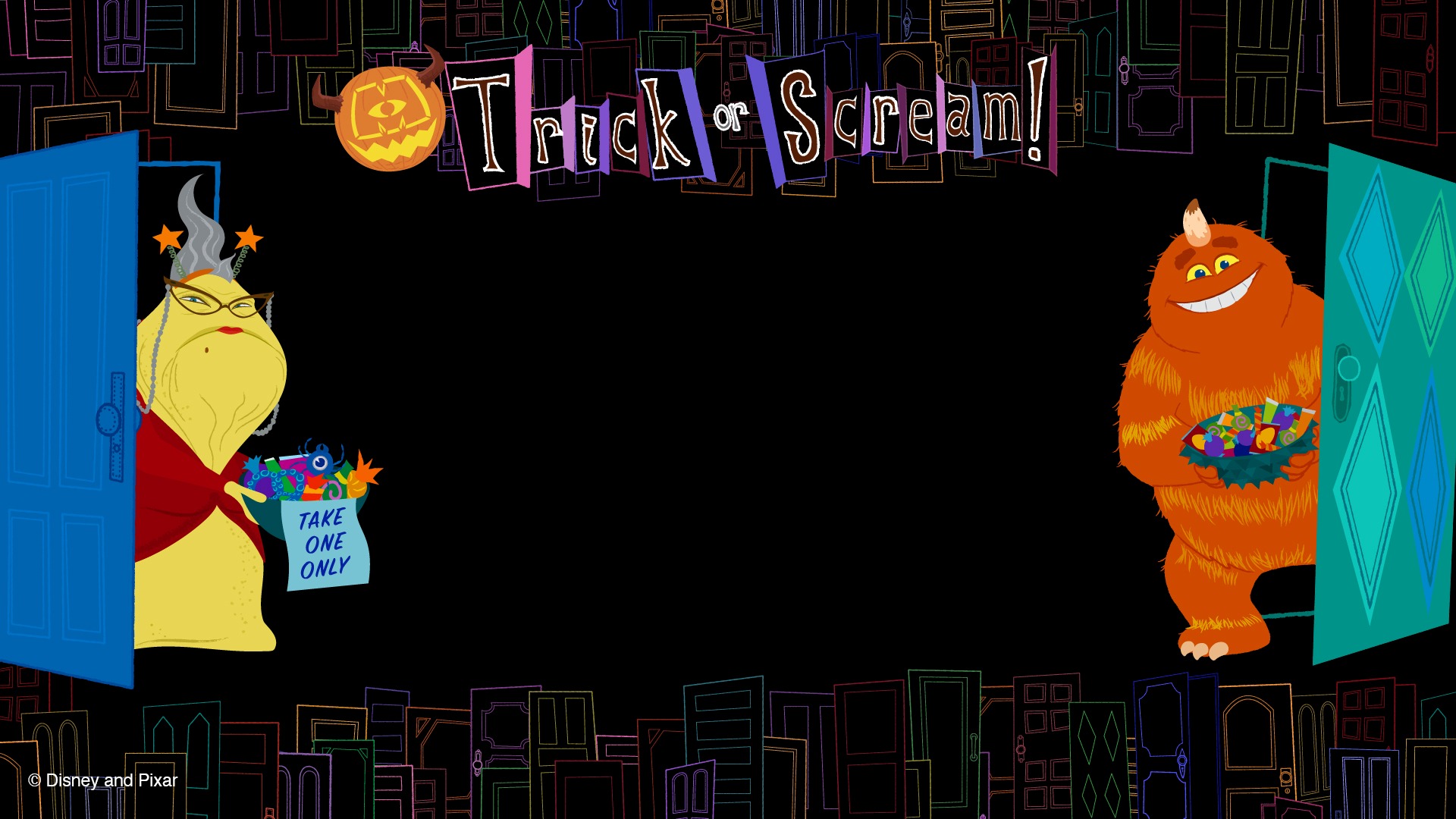 Monsters, Inc. Halloween wallpaper artwork featuring costumed monsters, candy and doors