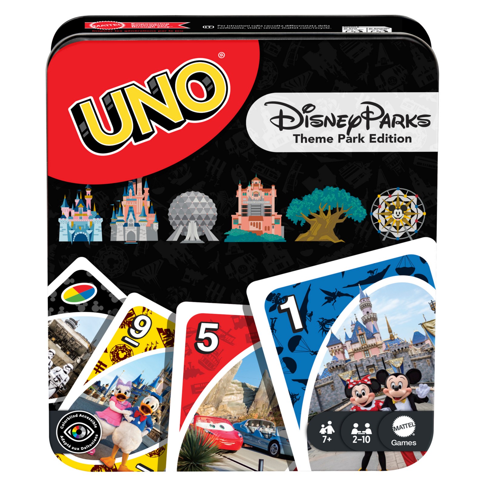 Disney Parks UNO cards spread beside the collector tin