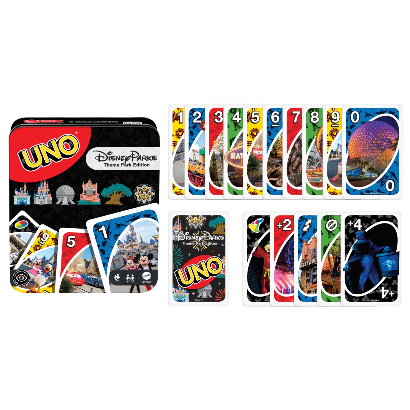 Disney Parks Theme Park Edition UNO card game tin and illustrated cards