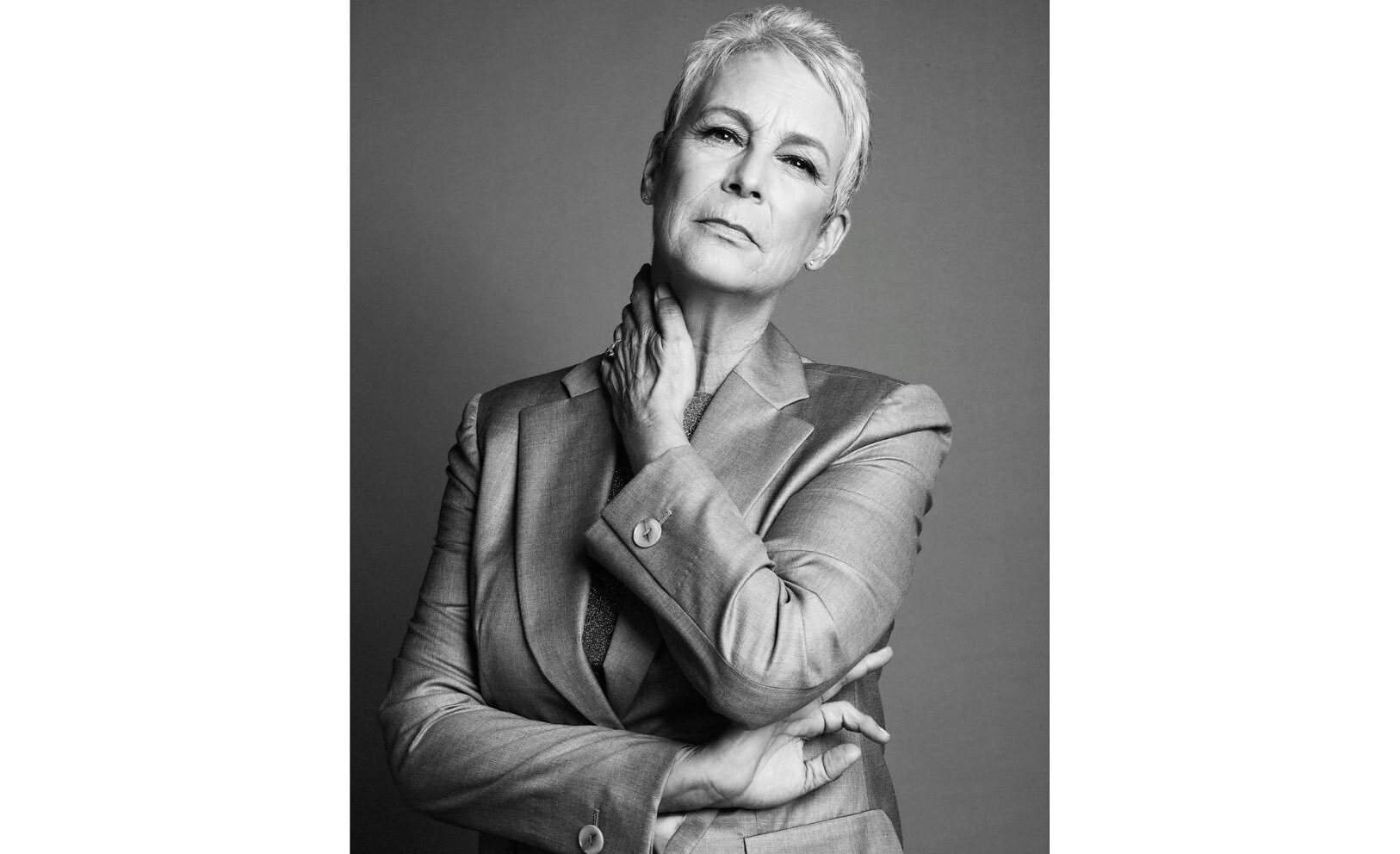 Jamie Lee Curtis in a black-and-white portrait