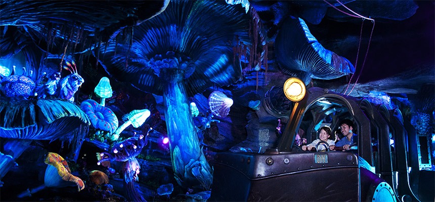 Journey to the Center of the Earth ride vehicle moving through glowing crystal caverns