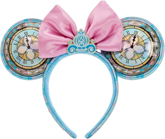 Loungefly Cinderella ear headband with stained-glass clock faces and a pink bow