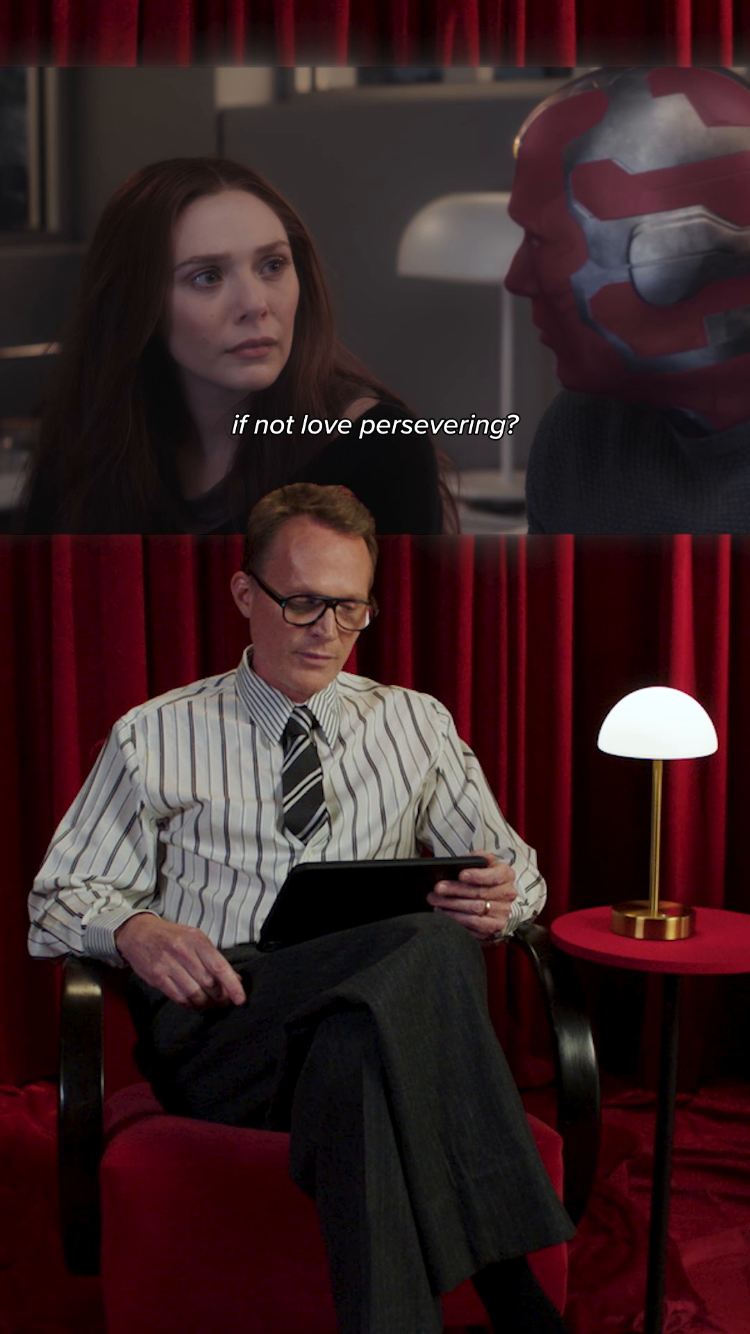 Wanda and Vision above Paul Bettany in Marvel’s official interview video
