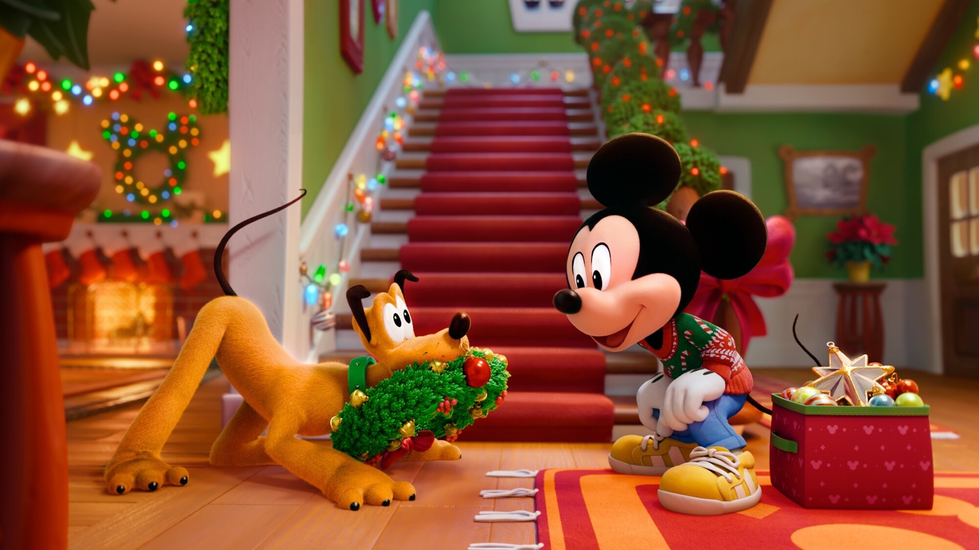Mickey Mouse and Pluto decorate their home for Christmas