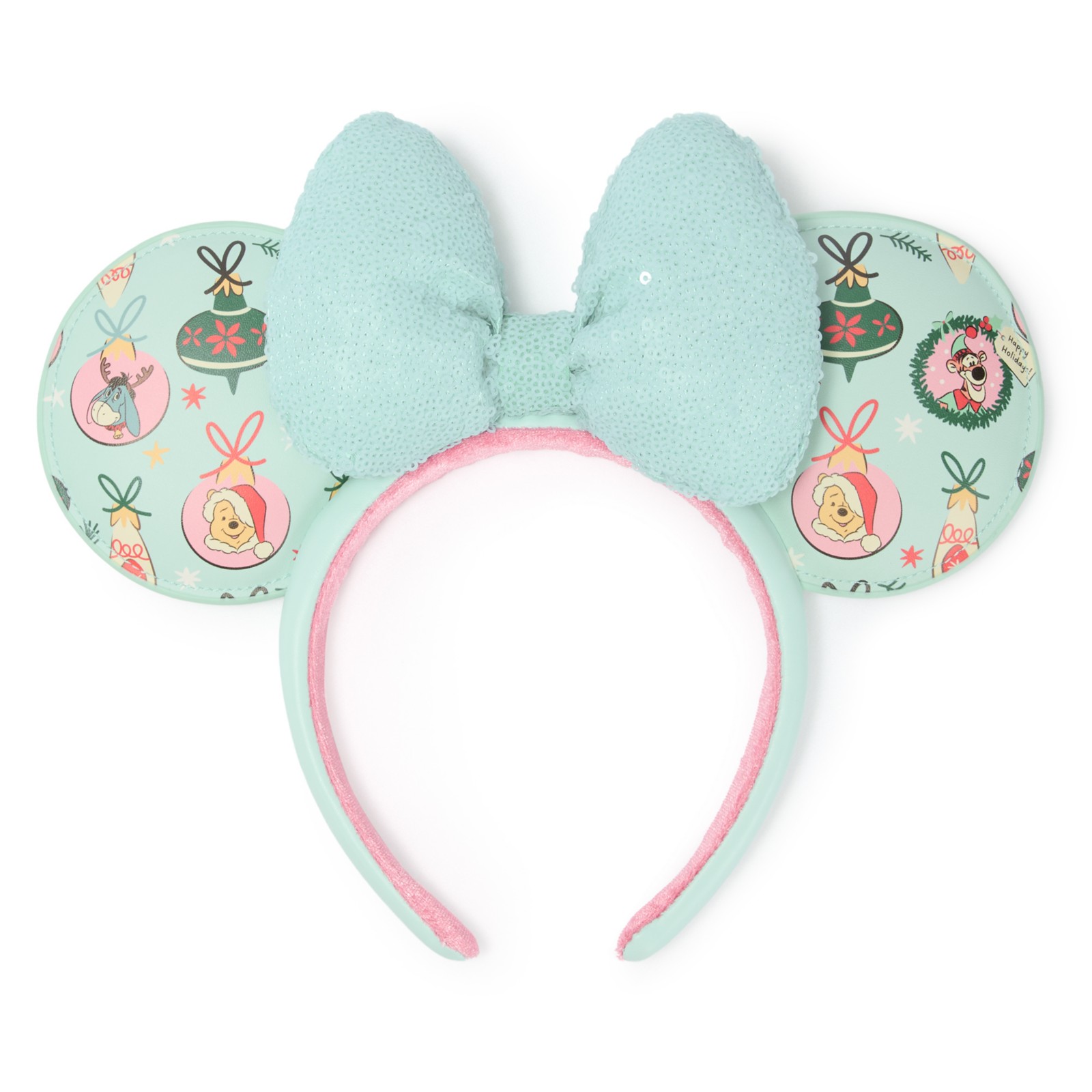 Winnie the Pooh holiday ear headband with Pooh, Tigger and Eeyore ornaments and a pale blue sequined bow