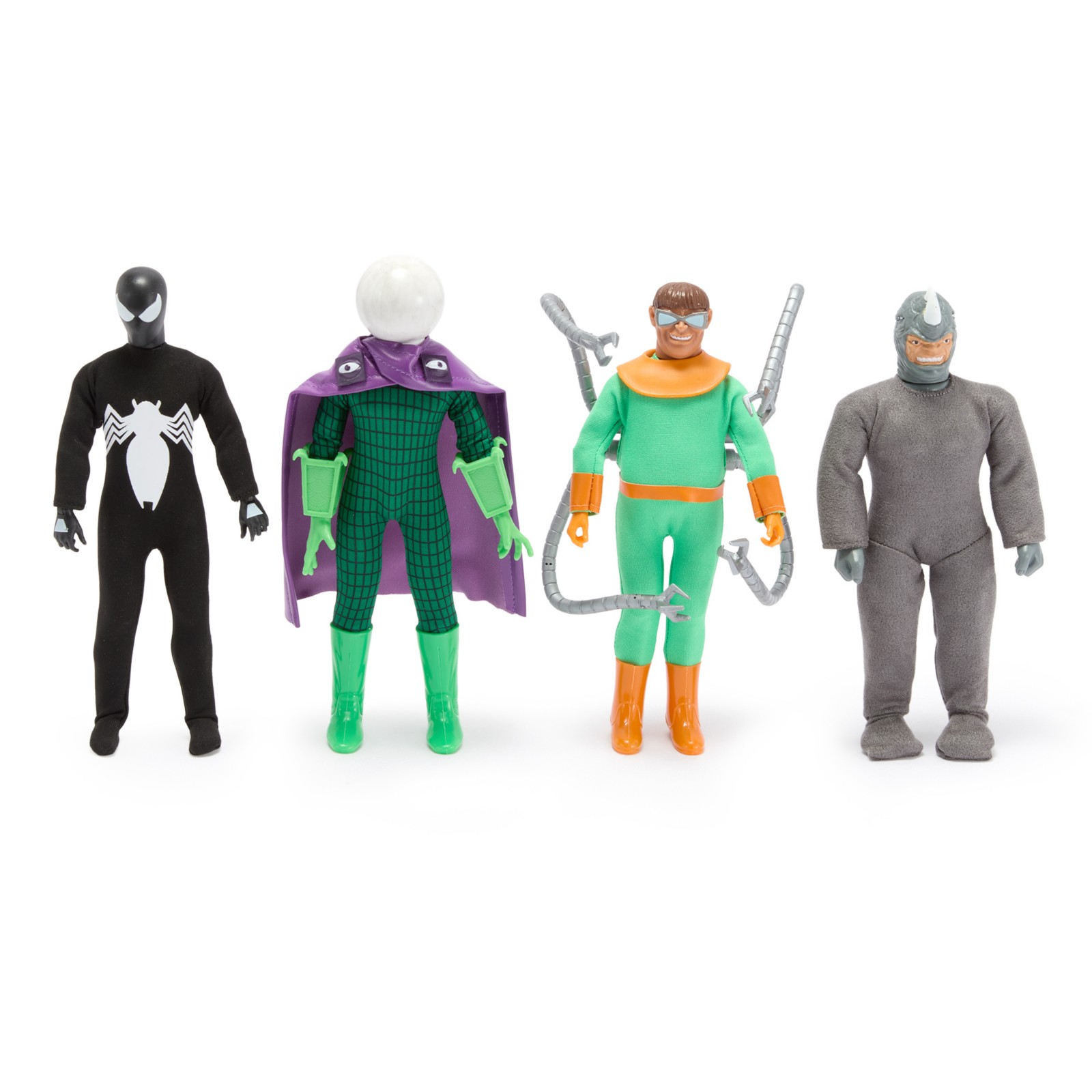Symbiote Spider-Man, Mysterio, Doctor Octopus and Rhino Mego figures