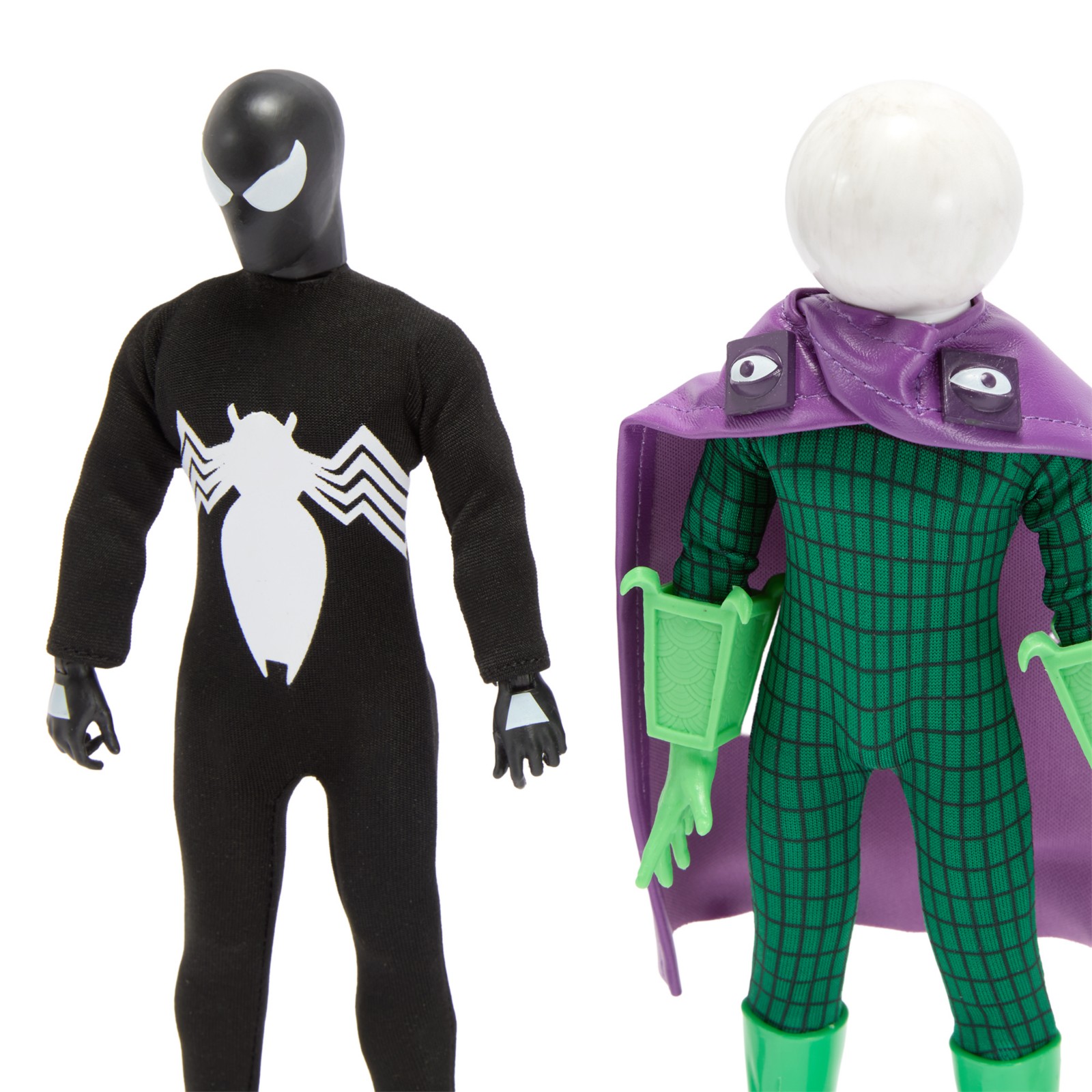 Close view of Symbiote Spider-Man and Mysterio Mego figures