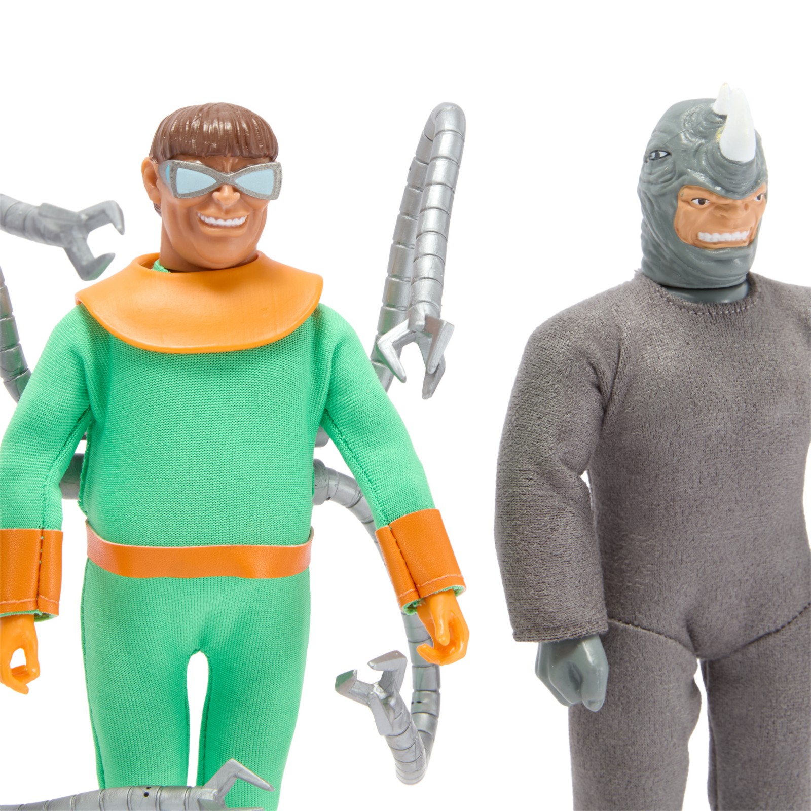 Close view of Doctor Octopus and Rhino Mego figures