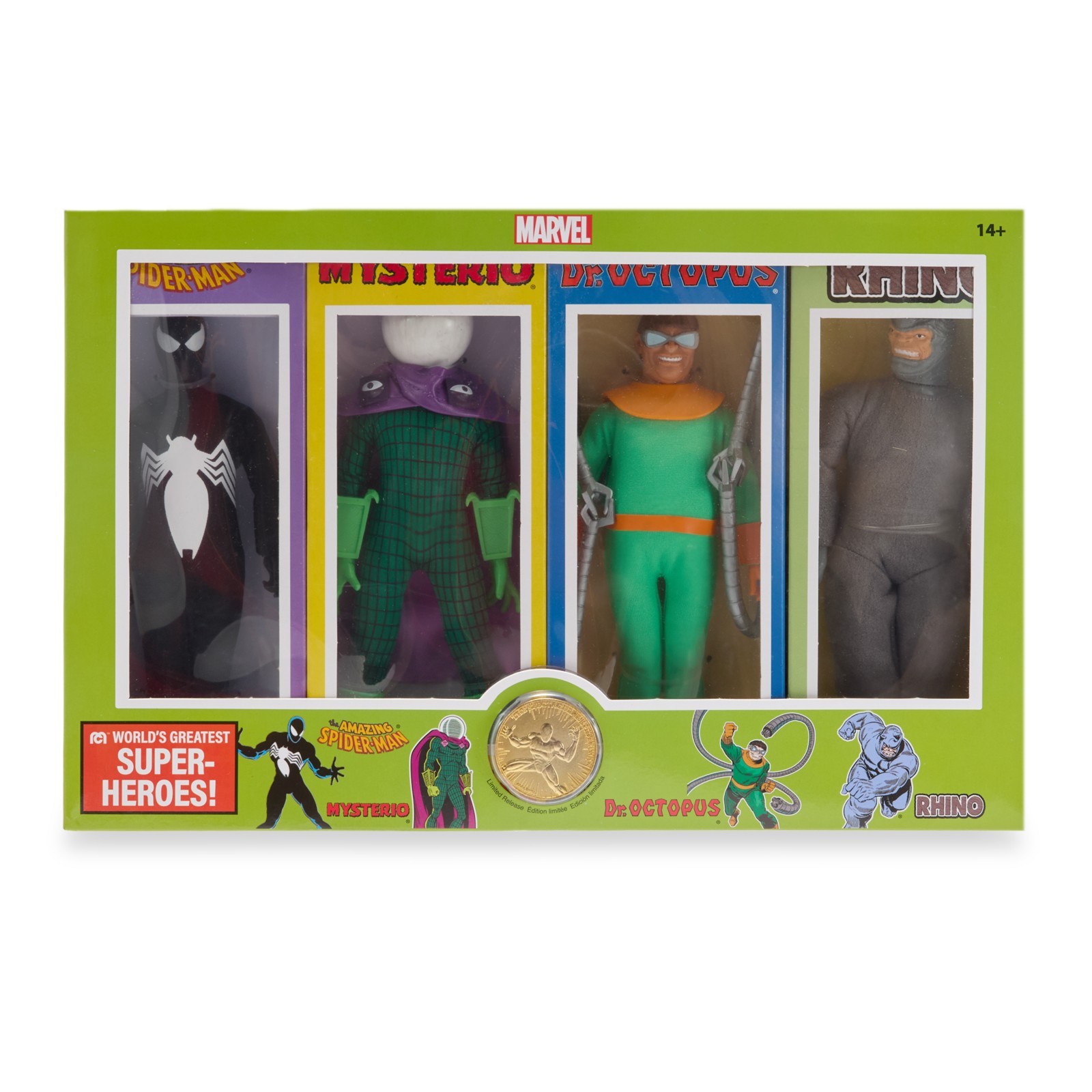 Boxed Mego set with Symbiote Spider-Man, Doctor Octopus, Rhino and Mysterio