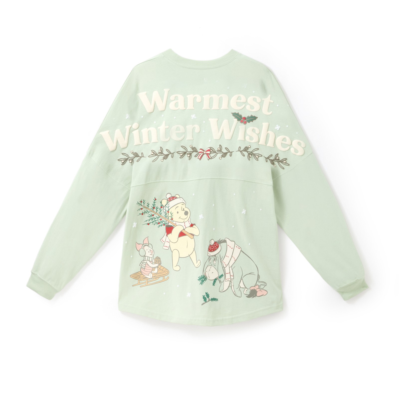 Back of the pale green Winnie the Pooh holiday Spirit Jersey with Warmest Winter Wishes lettering and Pooh, Piglet and Eeyore