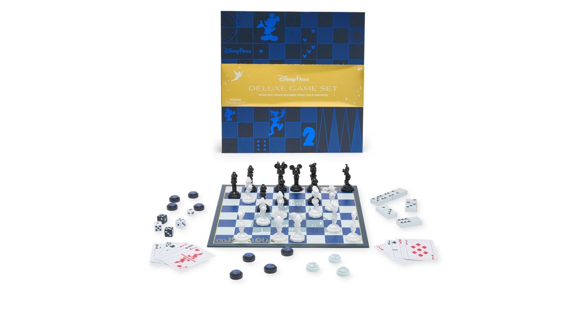 Disney Parks Deluxe Game Set with its box, Mickey and Friends chess pieces, checker pieces, dominoes, playing cards and dice