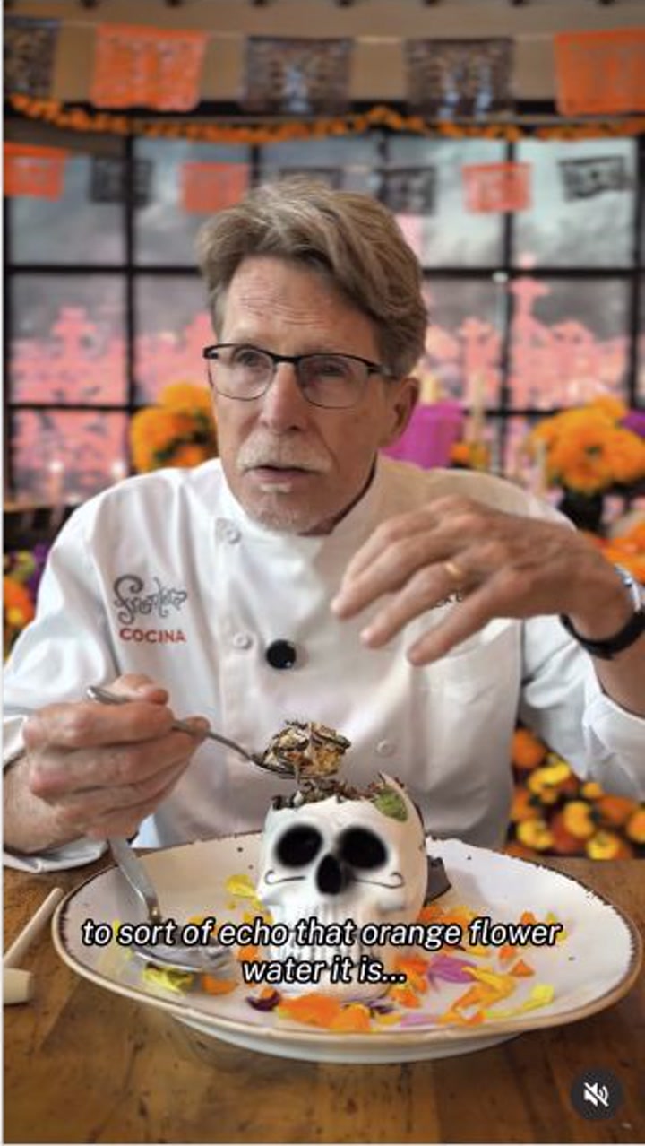 Rick Bayless presents Frontera Cocina’s decorated chocolate skull dessert