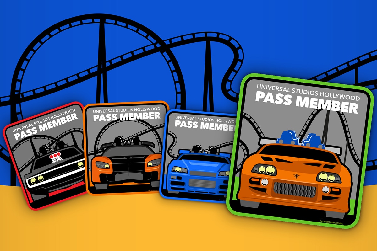 Four Fast & Furious: Hollywood Drift Pass Member magnets against a stylized coaster track