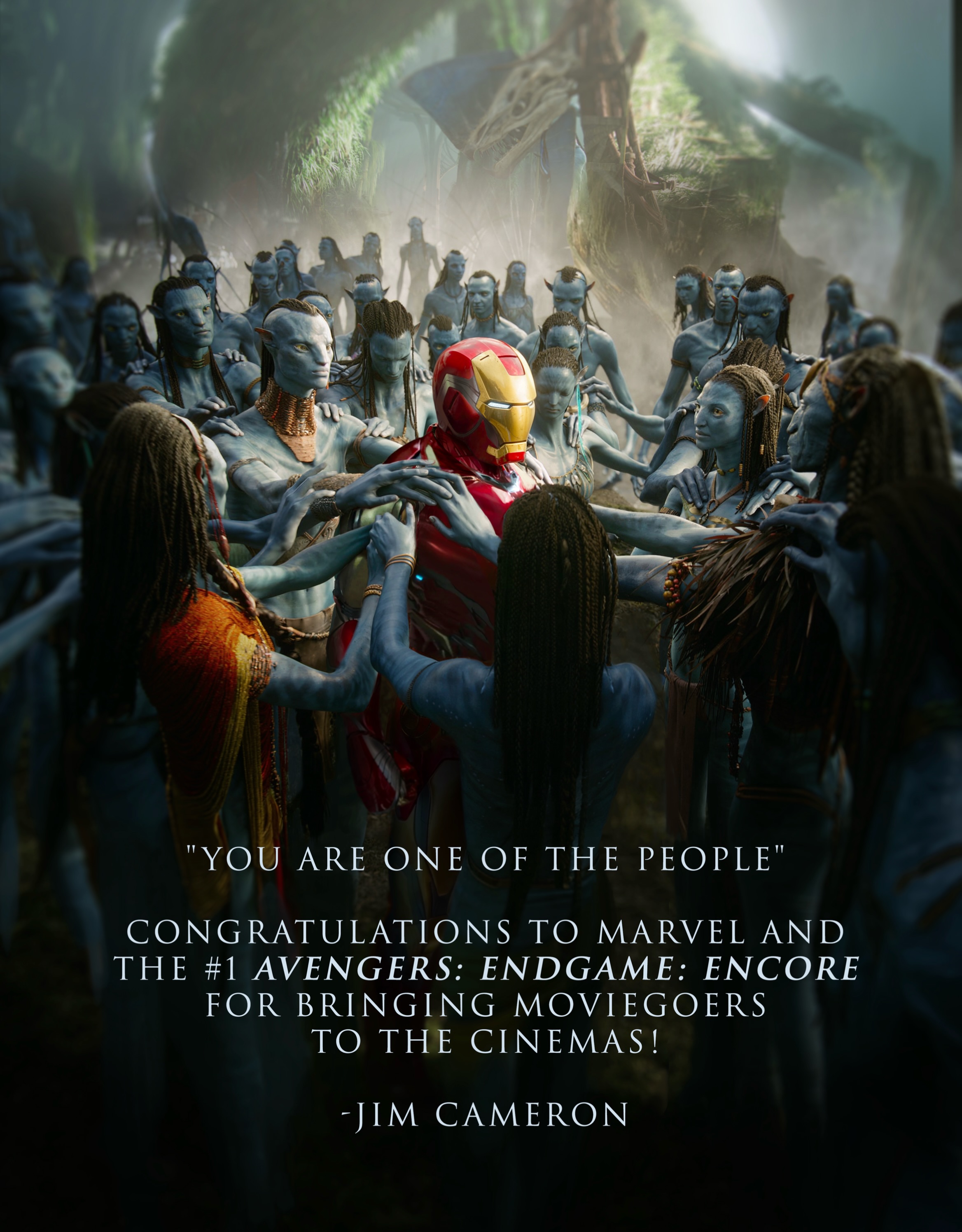 Iron Man surrounded by the Na’vi in James Cameron’s Pandora tribute artwork