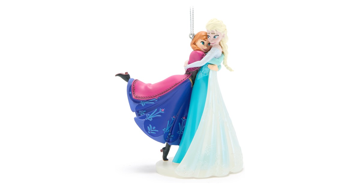 Anna and Elsa embrace in a freestanding Frozen ornament with a silver hanging cord