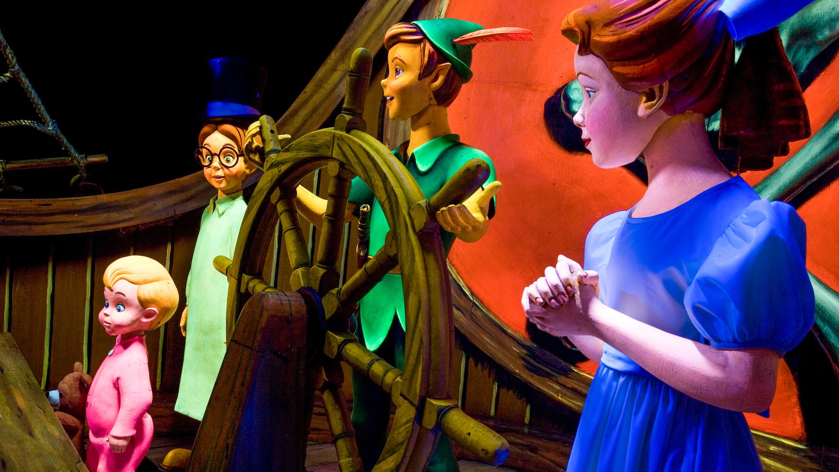 Peter Pan, Wendy and Captain Hook inside Peter Pan’s Flight at Disneyland